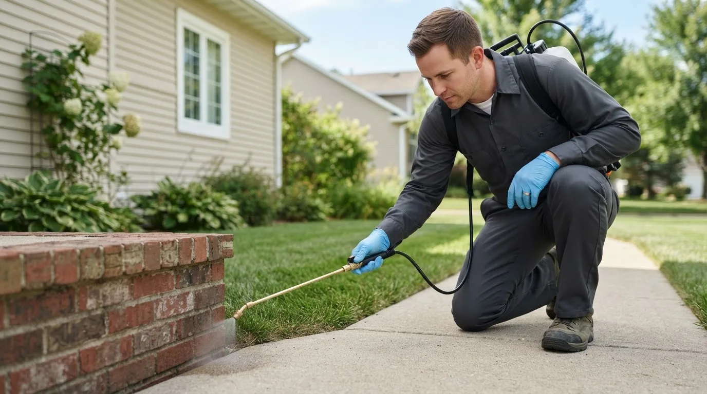 Pest control technician treating a home near La Belle, PA